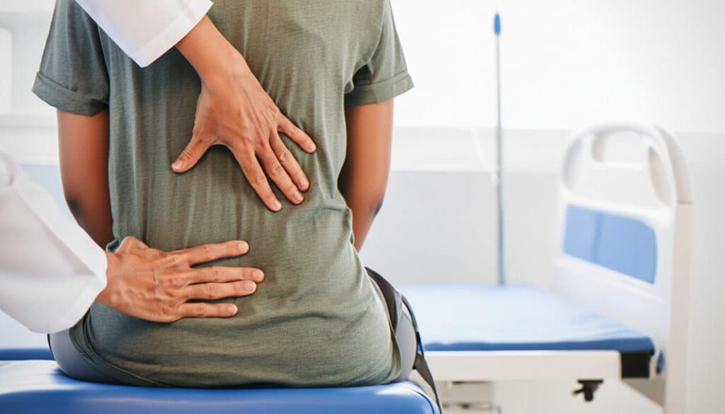 A medical professional assessing a man’s back for back pain in a clinical setting