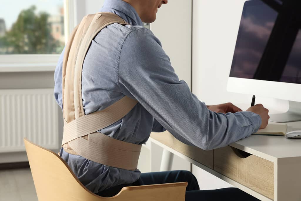 Man at work desk with a back brace