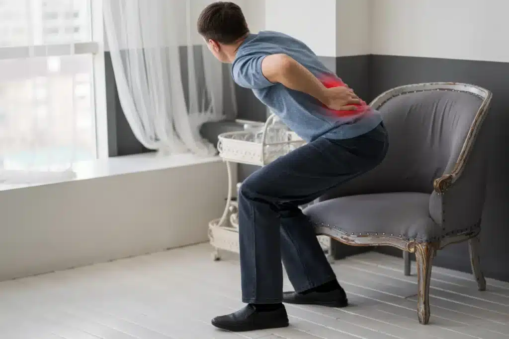 Man holding his lower back in pain due to a herniated disc
